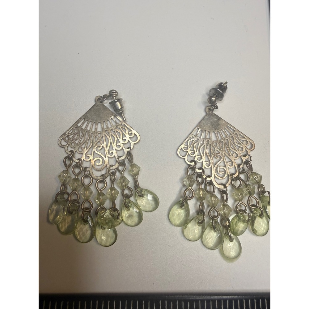 Silver Tone Pale Green Glass Teardrop Filigree Fan Chandelier Post Earrings